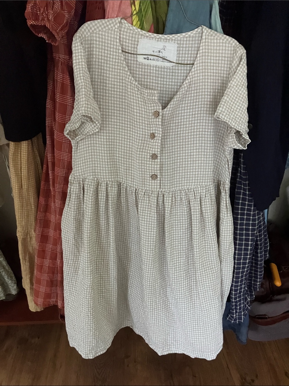 notPERFECTLINEN Cream and White Gingham Button-Front Midi Dress
